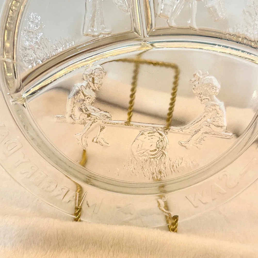 Vintage Nursery Rhyme Divided Glass Plates Set-2 Clear 8.5in Excellent Embossed